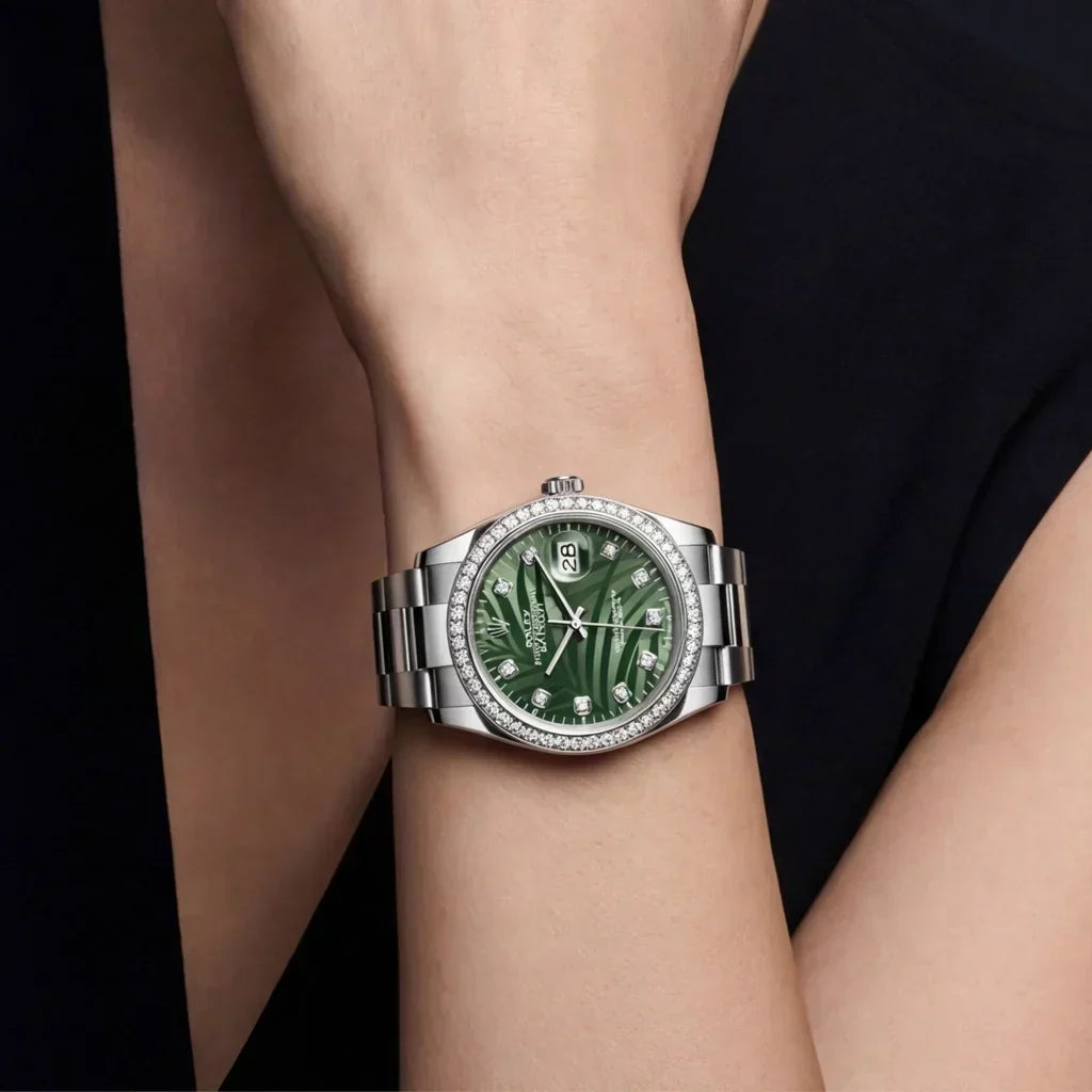 Datejust Olive Green Palm-Motif Dial Women's Timepiece