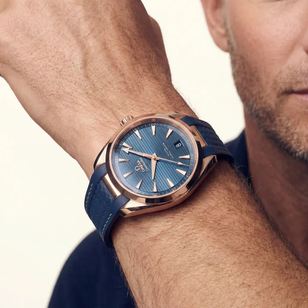 OM Blue Vertical Dial Rose Tone Bezel Watch