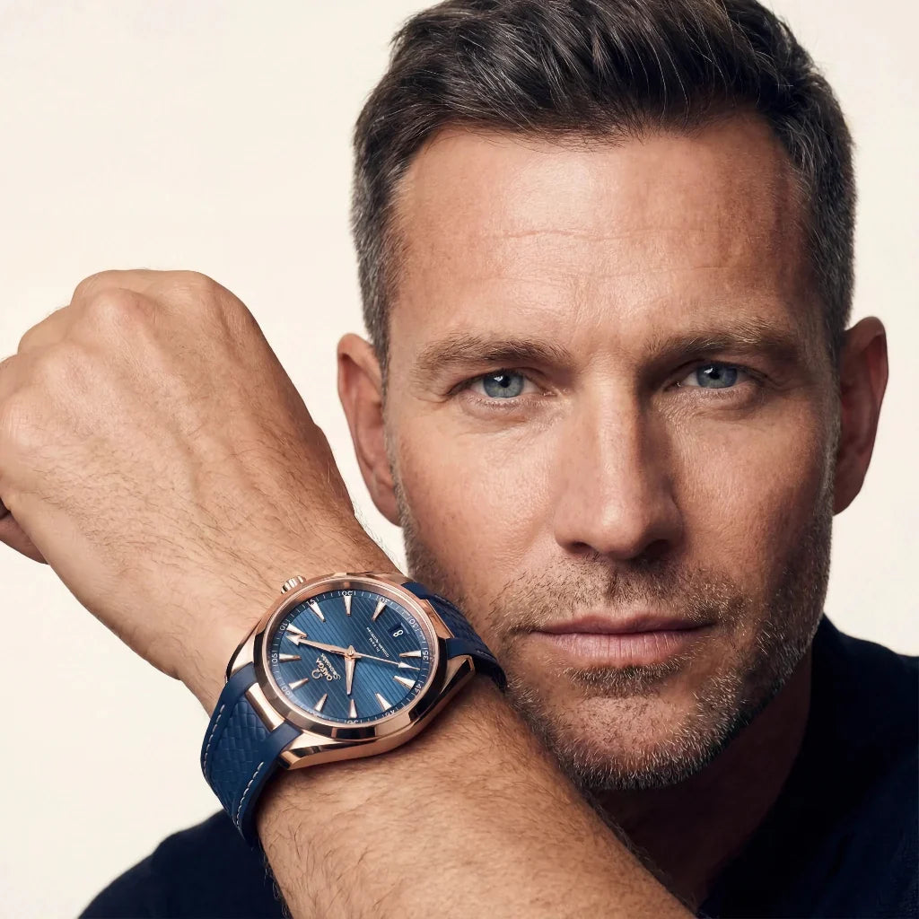 OM Blue Vertical Dial Rose Tone Bezel Watch