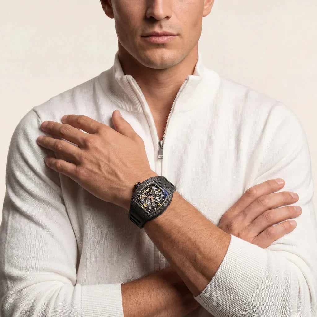 RM Black Textured Open Dial Watch