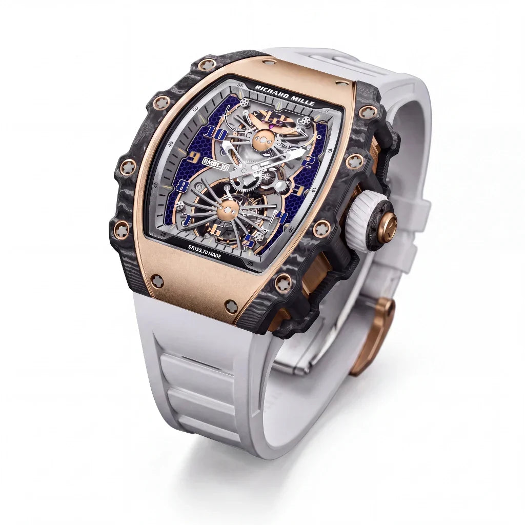 RM Gold Tone Blue Grid Dial Watch