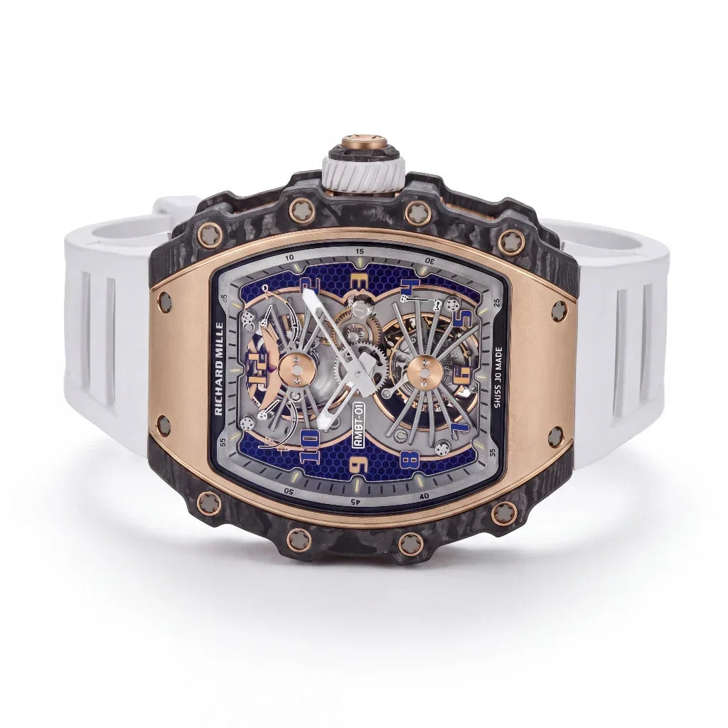 RM Gold Tone Blue Grid Dial Watch