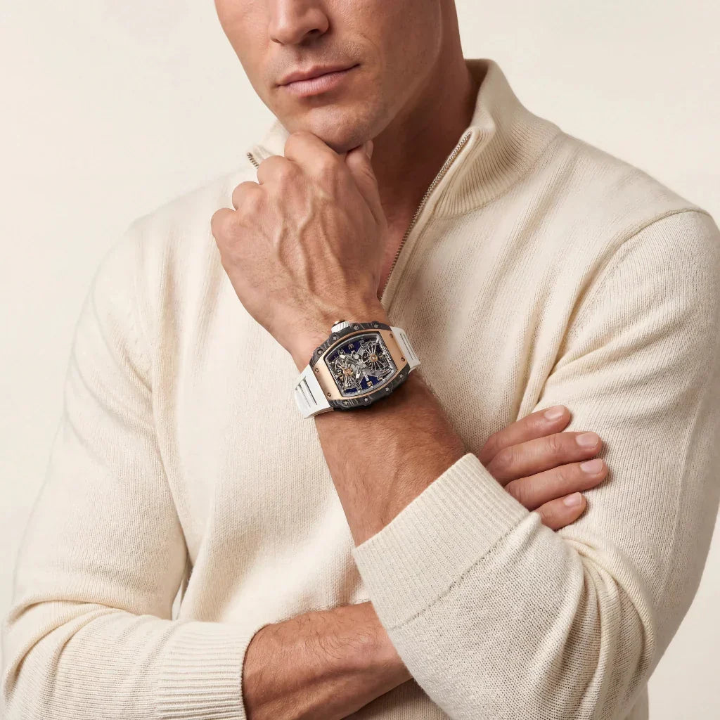 RM Gold Tone Blue Grid Dial Watch